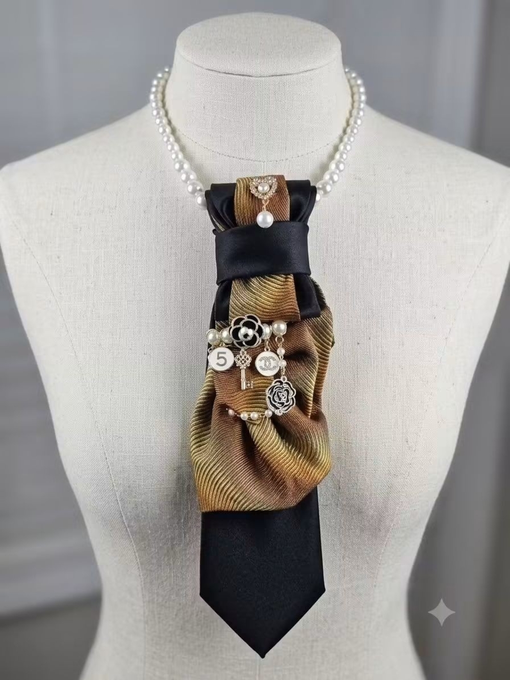 Statement Pearl Necklace with Gold-Brown Satin Tie Accent